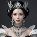 Ethereal queen with porcelain skin and raven-black hair adorned with diamonds, Highly Detailed, Half Body, Gorgeous, Stunning, Elegant by WLOP