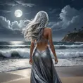 A woman standing on a moonlit beach, with her long, silver hair flowing behind her, as the waves crash against the shore, Highly Detailed, Half Body, Gorgeous, Stunning, Elegant by Greg Rutkowski