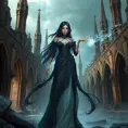 An enchantress standing amidst the ruins of an old, gothic cathedral, her raven hair flowing like a river of midnight ink, her eyes piercing through the shadows cast by the broken spires, a mystical energy emanating from her fingertips., Highly Detailed, Half Body, Gorgeous, Stunning, Elegant by Stanley Artgerm Lau