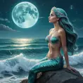 A mystical mermaid with shimmering scales of turquoise and aquamarine, gazing up at a full moon rising over the waves, Highly Detailed, Half Body, Gorgeous, Stunning, Elegant by Stefan Kostic