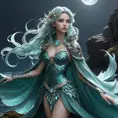 Moonlit siren with shimmering aquamarine scales and a flowing seaweed-like cloak, Highly Detailed, Half Body, Gorgeous, Stunning, Elegant by WLOP