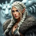 Viking warrior queen with braided silver hair and a fur-lined cloak, Highly Detailed, Half Body, Gorgeous, Stunning, Elegant by WLOP