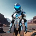 A futuristic astronaut with a sleek, silver spacesuit and a helmet adorned with glowing, neon-blue accents, standing on the surface of a distant, alien planet, Highly Detailed, Half Body, Gorgeous, Stunning, Elegant by Stefan Kostic