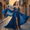 A woman with alabaster skin and deep azure eyes, adorned in a flowing gown of midnight blue silk that shimmers under the caress of a warm Mediterranean sunset, her laughter echoing like music over the cobblestone streets of an ancient city., Highly Detailed, Half Body, Gorgeous, Stunning, Elegant by Stanley Artgerm Lau