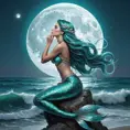 A mystical mermaid with shimmering scales of turquoise and aquamarine, gazing up at a full moon rising over the waves, Highly Detailed, Half Body, Gorgeous, Stunning, Elegant by Stefan Kostic