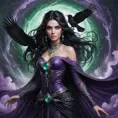 A mystical sorceress with piercing emerald eyes and raven-black hair, standing amidst a swirling vortex of purple mist, Highly Detailed, Half Body, Gorgeous, Stunning, Elegant by Stefan Kostic