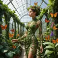 A woman made entirely of vines and flowers, standing in a lush and vibrant greenhouse, surrounded by exotic plants and butterflies, Highly Detailed, Half Body, Gorgeous, Stunning, Elegant by Greg Rutkowski