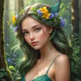 enchanting forest nymph with delicate features, vibrant wildflowers adorning her hair, Highly Detailed, Half Body, Gorgeous, Stunning, Elegant by Stanley Artgerm Lau, Stefan Kostic