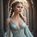 ethereal goddess with flowing gown, intricate braids, and otherworldly glow, Highly Detailed, Half Body, Gorgeous, Stunning, Elegant by Stanley Artgerm Lau, Stefan Kostic