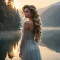 An ethereal beauty, with cascading curls of sunlight-kissed hair, stands at the edge of a serene lake as dawn breaks, her silhouette a blend of soft light and gentle mist, radiating an aura of tranquility and grace., Highly Detailed, Half Body, Gorgeous, Stunning, Elegant by Stanley Artgerm Lau