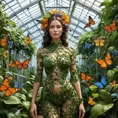 A woman made entirely of vines and flowers, standing in a lush and vibrant greenhouse, surrounded by exotic plants and butterflies, Highly Detailed, Half Body, Gorgeous, Stunning, Elegant by Greg Rutkowski