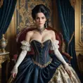 A Victorian-era aristocrat with porcelain skin and raven-black hair, dressed in a corset and bustle, surrounded by opulent furnishings and velvet drapes, Highly Detailed, Half Body, Gorgeous, Stunning, Elegant by Stefan Kostic