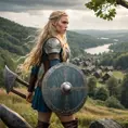 A Viking shieldmaiden with long, wild blonde hair and a fierce battle-axe, standing on the edge of a forest, with a village in the background, Highly Detailed, Half Body, Gorgeous, Stunning, Elegant by Greg Rutkowski