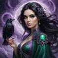 A mystical sorceress with piercing emerald eyes and raven-black hair, standing amidst a swirling vortex of purple mist, Highly Detailed, Half Body, Gorgeous, Stunning, Elegant by Stefan Kostic