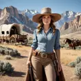 A pioneer woman in the Wild West, standing in front of a covered wagon, with a wide-brimmed hat and a holstered pistol, against a range of sweeping mountains, Highly Detailed, Half Body, Gorgeous, Stunning, Elegant by Greg Rutkowski