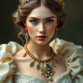 elegant renaissance beauty, porcelain skin, ornate jewels, and timeless grace, Highly Detailed, Half Body, Gorgeous, Stunning, Elegant by Stanley Artgerm Lau, Stefan Kostic