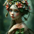 enchanting forest nymph with delicate features, vibrant wildflowers adorning her hair, Highly Detailed, Half Body, Gorgeous, Stunning, Elegant by Stanley Artgerm Lau, Stefan Kostic