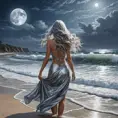 A woman standing on a moonlit beach, with her long, silver hair flowing behind her, as the waves crash against the shore, Highly Detailed, Half Body, Gorgeous, Stunning, Elegant by Greg Rutkowski