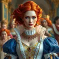 A regal queen with porcelain skin and fiery red locks, adorned in a gown of shimmering gold and sapphire, surrounded by a retinue of loyal courtiers, Highly Detailed, Half Body, Gorgeous, Stunning, Elegant by Stefan Kostic