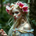 enchanting forest nymph with delicate features, vibrant wildflowers adorning her hair, Highly Detailed, Half Body, Gorgeous, Stunning, Elegant by Stanley Artgerm Lau, Stefan Kostic