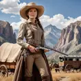 A pioneer woman in the Wild West, standing in front of a covered wagon, with a wide-brimmed hat and a holstered pistol, against a range of sweeping mountains, Highly Detailed, Half Body, Gorgeous, Stunning, Elegant by Greg Rutkowski