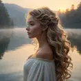 An ethereal beauty, with cascading curls of sunlight-kissed hair, stands at the edge of a serene lake as dawn breaks, her silhouette a blend of soft light and gentle mist, radiating an aura of tranquility and grace., Highly Detailed, Half Body, Gorgeous, Stunning, Elegant by Stanley Artgerm Lau