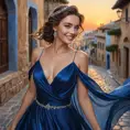 A woman with alabaster skin and deep azure eyes, adorned in a flowing gown of midnight blue silk that shimmers under the caress of a warm Mediterranean sunset, her laughter echoing like music over the cobblestone streets of an ancient city., Highly Detailed, Half Body, Gorgeous, Stunning, Elegant by Stanley Artgerm Lau