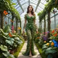 A woman made entirely of vines and flowers, standing in a lush and vibrant greenhouse, surrounded by exotic plants and butterflies, Highly Detailed, Half Body, Gorgeous, Stunning, Elegant by Greg Rutkowski