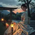 A serene and mysterious woman in a kimono, sitting in a Japanese garden at dusk, with a lantern and candles nearby, Highly Detailed, Half Body, Gorgeous, Stunning, Elegant by Greg Rutkowski