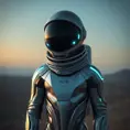 A futuristic astronaut with a sleek, silver spacesuit and a helmet adorned with glowing, neon-blue accents, standing on the surface of a distant, alien planet, Highly Detailed, Half Body, Gorgeous, Stunning, Elegant by Stefan Kostic