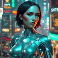 A futuristic cyborg with gleaming silver limbs and a radiant, iridescent aura, set against a backdrop of neon-lit cityscapes, Highly Detailed, Half Body, Gorgeous, Stunning, Elegant by Stefan Kostic