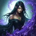 A mystical sorceress with piercing emerald eyes and raven-black hair, standing amidst a swirling vortex of purple mist, Highly Detailed, Half Body, Gorgeous, Stunning, Elegant by Stefan Kostic