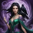 A mystical sorceress with piercing emerald eyes and raven-black hair, standing amidst a swirling vortex of purple mist, Highly Detailed, Half Body, Gorgeous, Stunning, Elegant by Stefan Kostic