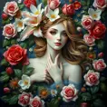 A goddess-like figure emerging from a canvas of vibrant flowers, with skin as radiant as roses and eyes reflecting the depth of the ocean, her hair a crown of intertwined blooms, capturing the essence of spring's bounty., Highly Detailed, Half Body, Gorgeous, Stunning, Elegant by Stanley Artgerm Lau