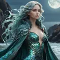 Moonlit siren with shimmering aquamarine scales and a flowing seaweed-like cloak, Highly Detailed, Half Body, Gorgeous, Stunning, Elegant by WLOP