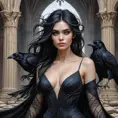 An enchantress standing amidst the ruins of an old, gothic cathedral, her raven hair flowing like a river of midnight ink, her eyes piercing through the shadows cast by the broken spires, a mystical energy emanating from her fingertips., Highly Detailed, Half Body, Gorgeous, Stunning, Elegant by Stanley Artgerm Lau