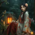 A serene and mysterious woman in a kimono, sitting in a Japanese garden at dusk, with a lantern and candles nearby, Highly Detailed, Half Body, Gorgeous, Stunning, Elegant by Greg Rutkowski