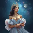 A woman of exquisite elegance, dressed in a gown that mirrors the starlit sky above, with a crown of celestial bodies twinkling upon her head, her presence commanding yet gentle as a whisper on the night wind., Highly Detailed, Half Body, Gorgeous, Stunning, Elegant by Stanley Artgerm Lau