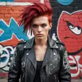 A rebellious punk rock icon with bold, crimson hair and a leather jacket, standing defiantly in front of a graffiti-covered city wall, Highly Detailed, Half Body, Gorgeous, Stunning, Elegant by Stefan Kostic