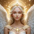 A celestial being with wings of pure white and eyes like stars, floating amidst a halo of soft, golden light, Highly Detailed, Half Body, Gorgeous, Stunning, Elegant by Stefan Kostic