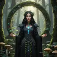 A mystical druid with leaves and vines woven into her raven-black hair, standing amidst a lush, ancient forest, surrounded by a circle of glowing, ethereal mushrooms, Highly Detailed, Half Body, Gorgeous, Stunning, Elegant by Stefan Kostic