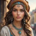 captivating gypsy with deep, soulful eyes, bohemian attire, and a carefree spirit, Highly Detailed, Half Body, Gorgeous, Stunning, Elegant by Stanley Artgerm Lau, Stefan Kostic