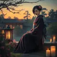 A serene and mysterious woman in a kimono, sitting in a Japanese garden at dusk, with a lantern and candles nearby, Highly Detailed, Half Body, Gorgeous, Stunning, Elegant by Greg Rutkowski