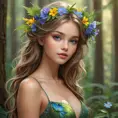 enchanting forest nymph with delicate features, vibrant wildflowers adorning her hair, Highly Detailed, Half Body, Gorgeous, Stunning, Elegant by Stanley Artgerm Lau, Stefan Kostic