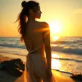 A vision of beauty basking in the golden light of the setting sun on a secluded beach, her figure outlined against the backdrop of the vast ocean, her attire a delicate fusion of natural elements—earth, water, and air., Highly Detailed, Half Body, Gorgeous, Stunning, Elegant by Stanley Artgerm Lau