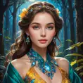 A woman whose beauty transcends time, draped in a gown that reflects the kaleidoscope of colors found in an enchanted forest, her skin glowing with the soft luminescence of moonlight, her eyes holding secrets as old as nature itself., Highly Detailed, Half Body, Gorgeous, Stunning, Elegant by Stanley Artgerm Lau