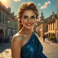 A woman with alabaster skin and deep azure eyes, adorned in a flowing gown of midnight blue silk that shimmers under the caress of a warm Mediterranean sunset, her laughter echoing like music over the cobblestone streets of an ancient city., Highly Detailed, Half Body, Gorgeous, Stunning, Elegant by Stanley Artgerm Lau