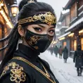 Wallpaper of a mysterious beautiful masked kunoichi ninja wearing eyeliner and gold jewelry in the streets of a dark snowy town in moscow, fluid motion, 8k, Intricate Details, Trending on Artstation, Beautiful, Stunning, Centered by Stanley Artgerm Lau, WLOP