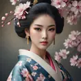 a serene and enigmatic Japanese geisha with intricate Sakura-patterned kimono and porcelain skin