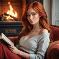 A mesmerizing woman with fiery red hair, sitting by a cozy fireplace with a book